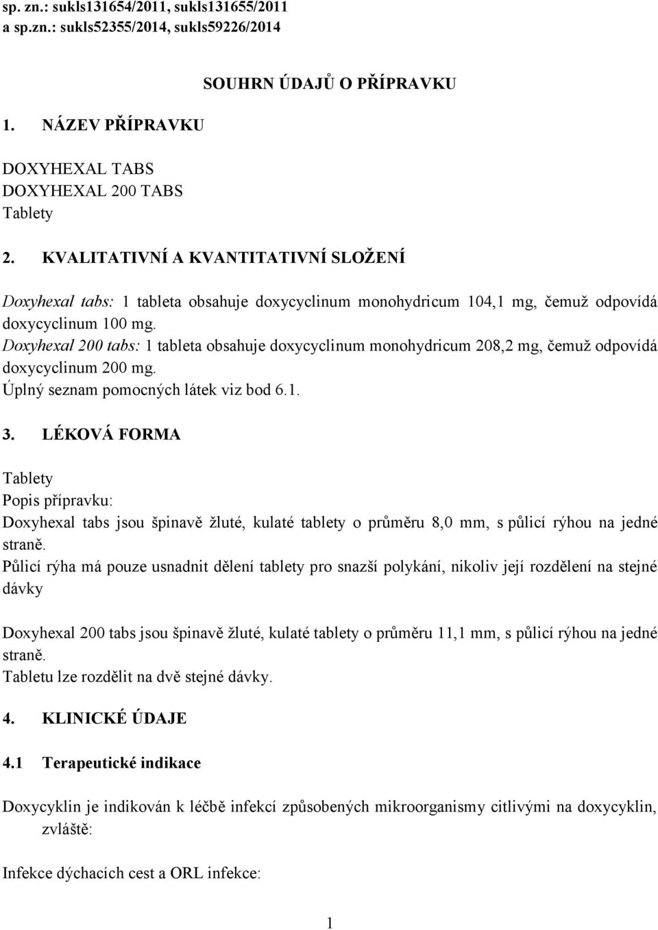 Doxyhexal 200 tabs: 1 tableta obsahuje doxycyclinum monohydricum 208,2 mg, čemuž odpovídá doxycyclinum 200 mg. Úplný seznam pomocných látek viz bod 6.1. 3.