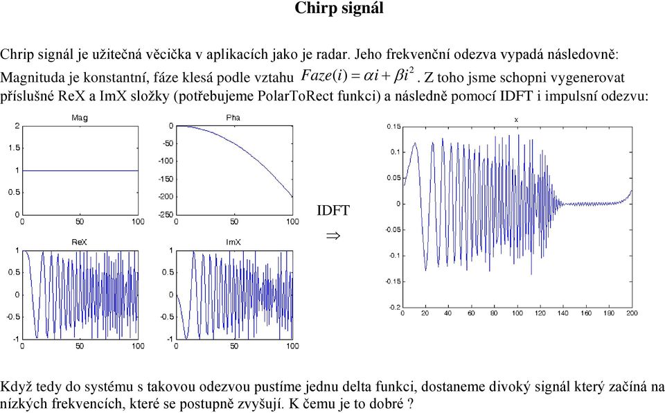 Z toho jsme schopni vygenerovat příslušné ReX a ImX složky (potřebujeme PolarToRect funkci) a následně pomocí IDFT i