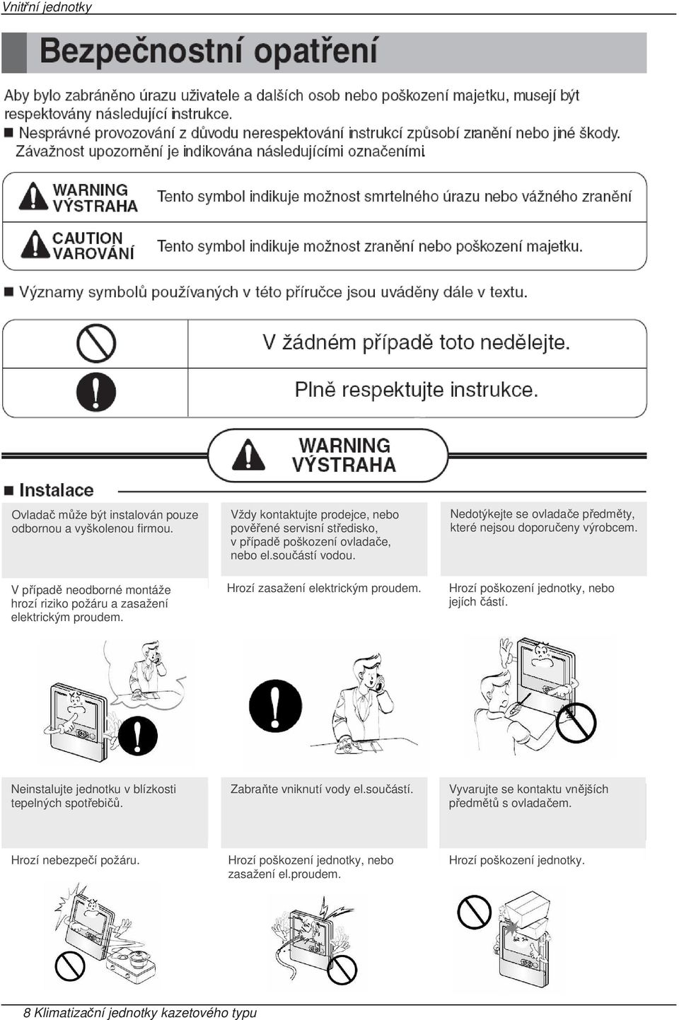 Nedotýkejte se ovladače předměty, které nejsou doporučeny výrobcem. Hrozí poškození jednotky, nebo jejích částí. Neinstalujte jednotku v blízkosti tepelných spotřebičů.