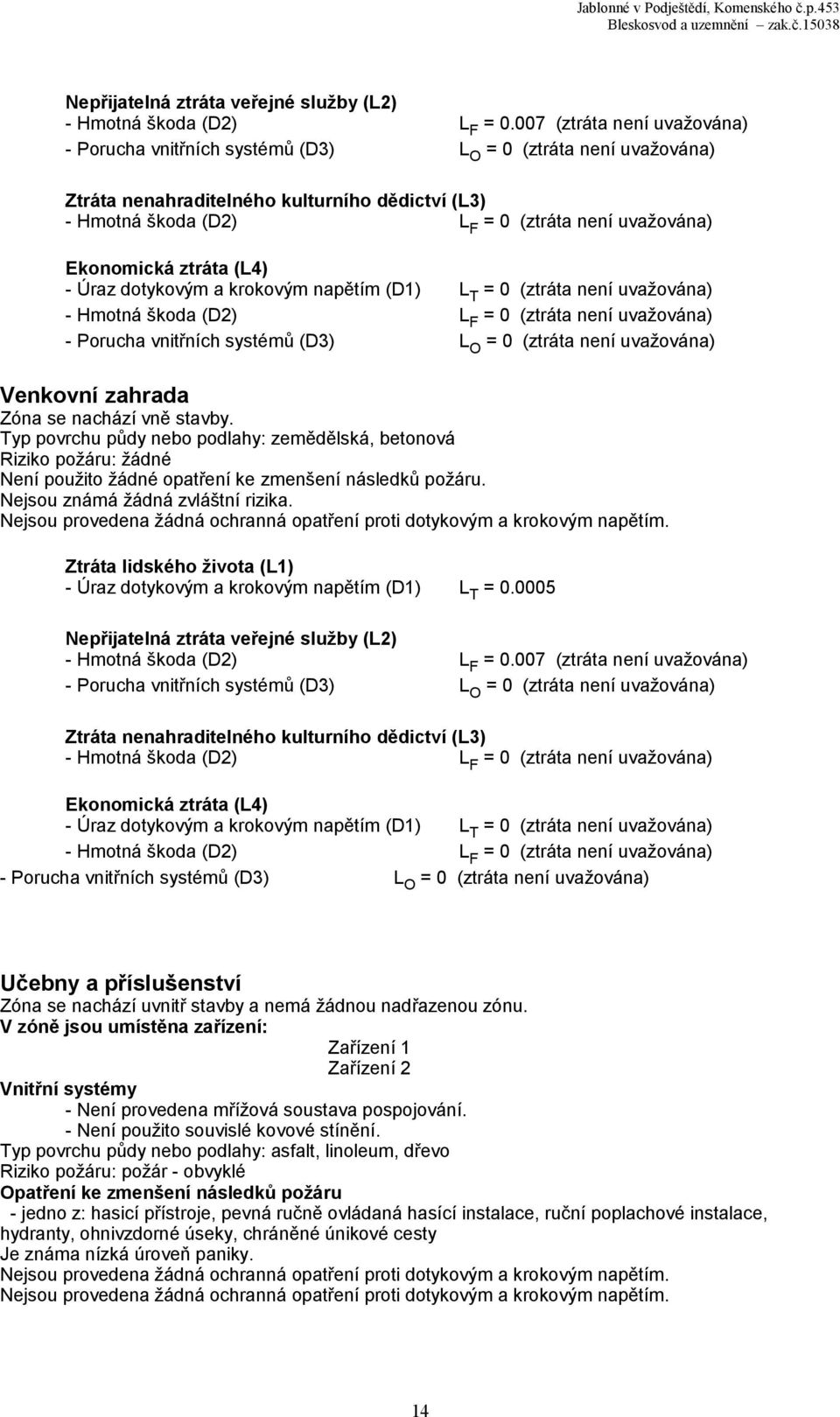 Ekonomická ztráta (L4) - Úraz dotykovým a krokovým napětím (D1) L T = 0 (ztráta není uvažována) - Hmotná škoda (D2) L F = 0 (ztráta není uvažována) - Porucha vnitřních systémů (D3) L O = 0 (ztráta