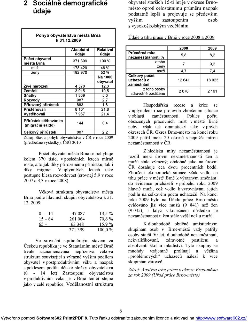 2009 Údaje o trhu práce v Brně v roce 2008 a 2009 Absolutní údaje Relativní údaje 371 399 100 % 178 429 192 970 4 578 3 915 1 869 987 663 8 101 7 957 48 % 52 % Na 1000 obyvatel 12,3 10,5 5,0 2,7 1,8
