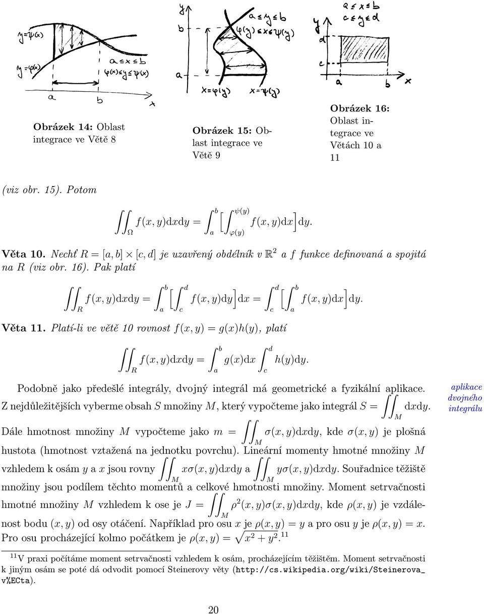 Platí-li ve větě 10 rovnost f(x, y) = g(x)h(y), platí R f(x, y)dxdy = b a g(x)dx d c h(y)dy. Podobně jako předešlé integrály, dvojný integrál má geometrické a fyzikální aplikace.