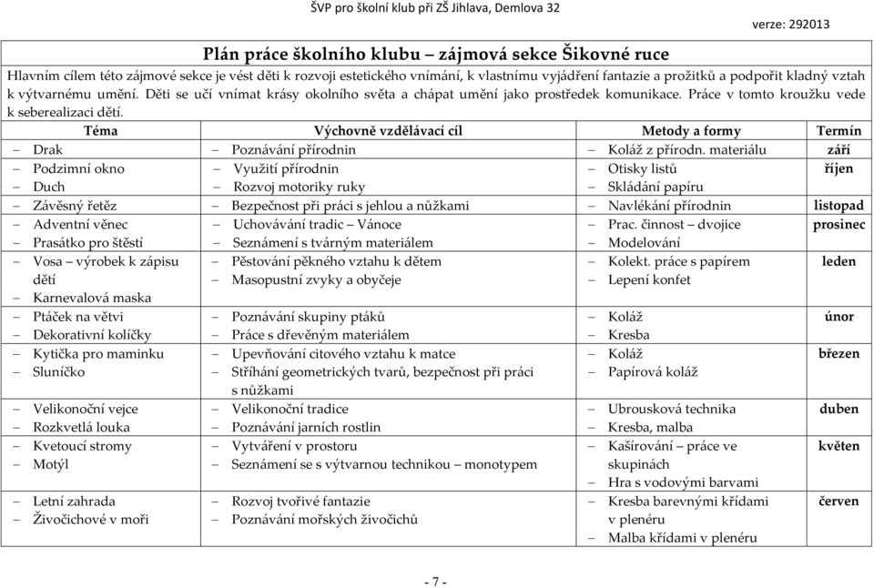 Téma Výchovně vzdělávací cíl Metody a formy Termín Drak Poznávání přírodnin Koláž z přírodn.