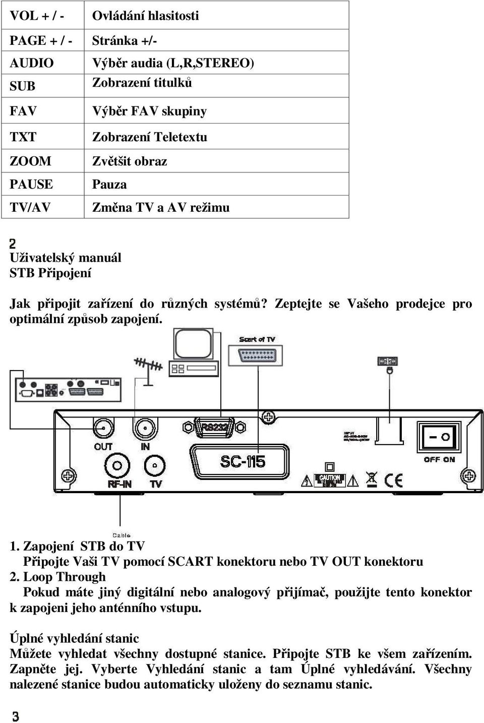 Zapojení STB do TV Připojte Vaši TV pomocí SCART konektoru nebo TV OUT konektoru 2.