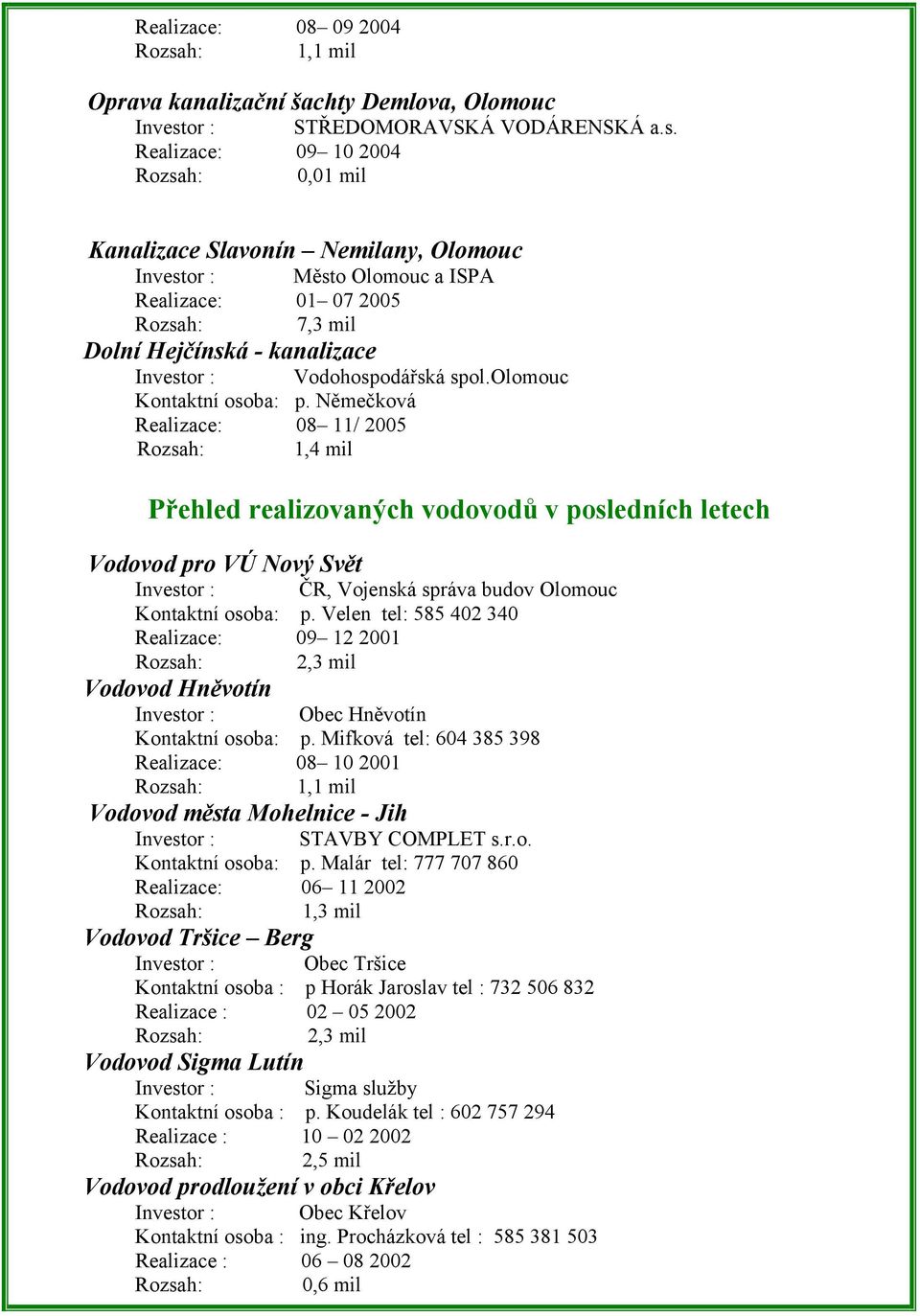 Realizace: 09 10 2004 0,01 mil Kanalizace Slavonín Nemilany, Olomouc Investor : Město Olomouc a ISPA Realizace: 01 07 2005 7,3 mil Dolní Hejčínská - kanalizace Investor : Vodohospodářská spol.