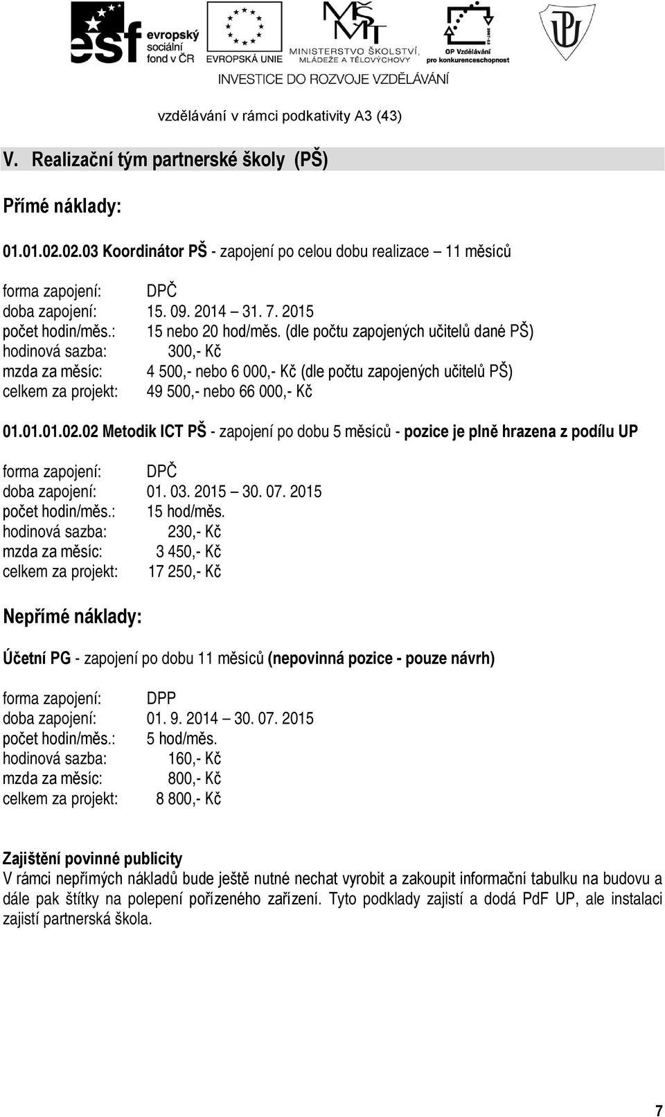 (dle počtu zapojených učitelů dané PŠ) hodinová sazba: 300,- Kč mzda za měsíc: 4 500,- nebo 6 000,- Kč (dle počtu zapojených učitelů PŠ) celkem za projekt: 49 500,- nebo 66 000,- Kč 01.01.01.02.