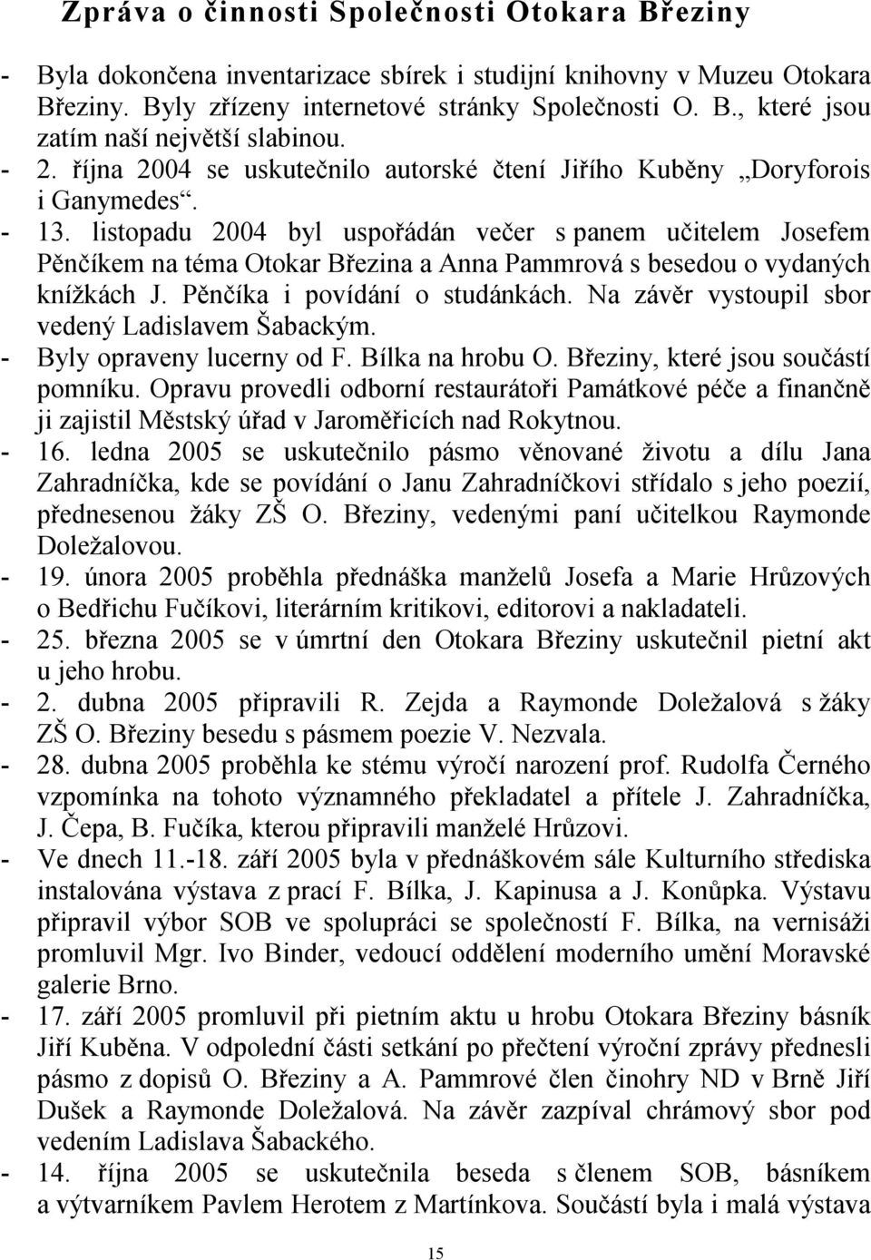 listopadu 2004 byl uspořádán večer s panem učitelem Josefem Pěnčíkem na téma Otokar Březina a Anna Pammrová s besedou o vydaných knížkách J. Pěnčíka i povídání o studánkách.