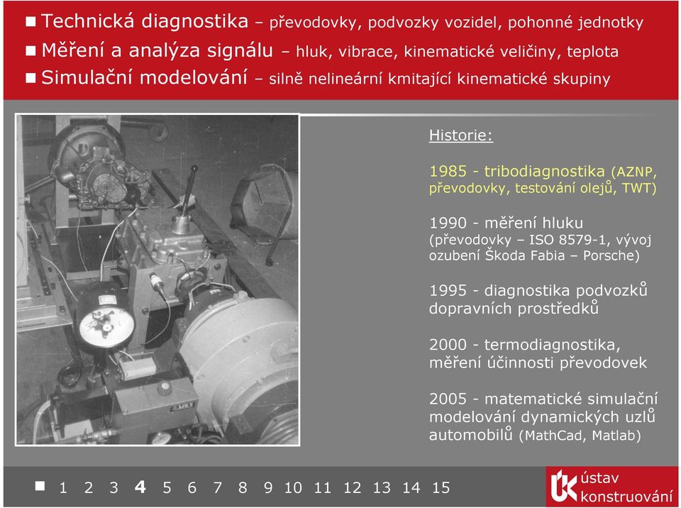 1990 - měření hluku (převodovky ISO 8579-1, vývoj ozubení Škoda Fabia Porsche) 1995 - diagnostika podvozků dopravních prostředků 2000 -