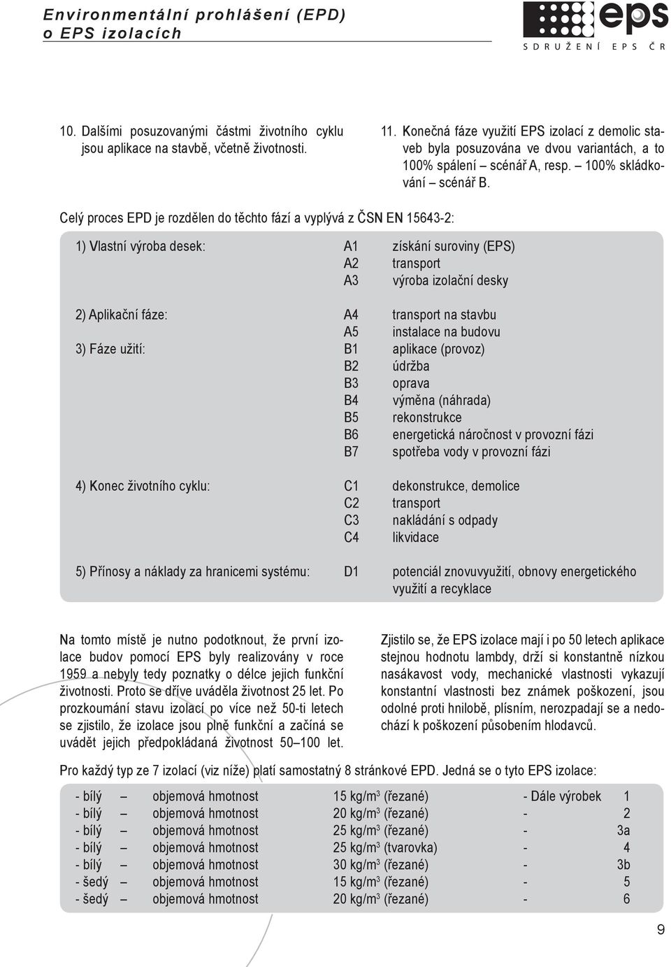 Celý proces EPD je rozdělen do těchto fází a vyplývá z ČSN EN 15643-2: 1) Vlastní desek: A1 získání suroviny (EPS) A2 A3 izolační desky 2) Aplikační fáze: A4 na stavbu A5 instalace na budovu 3) Fáze