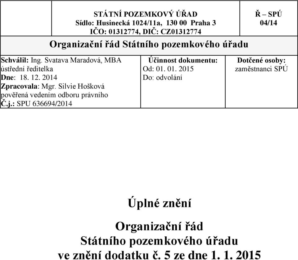 Silvie Hošková pověřená vedením odboru právního Č.j.: SPU 636694/2014 Účinnost dokumentu: Od: 01.