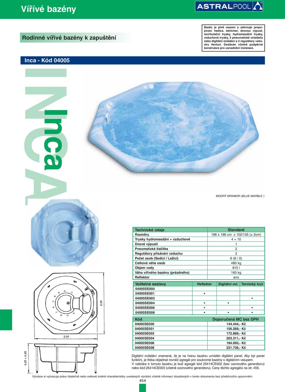 Inca - Kód 04005 INCA Inca MODRÝ MRAMOR (BLUE MARBLE ) Technické údaje Standard Rozměry 196 x 196 cm x 102/105 (± 2cm) Trysky hydromasážní + vzduchové 4 + 10 Dnové výpusti 1 Pneumatická tlačítka 2