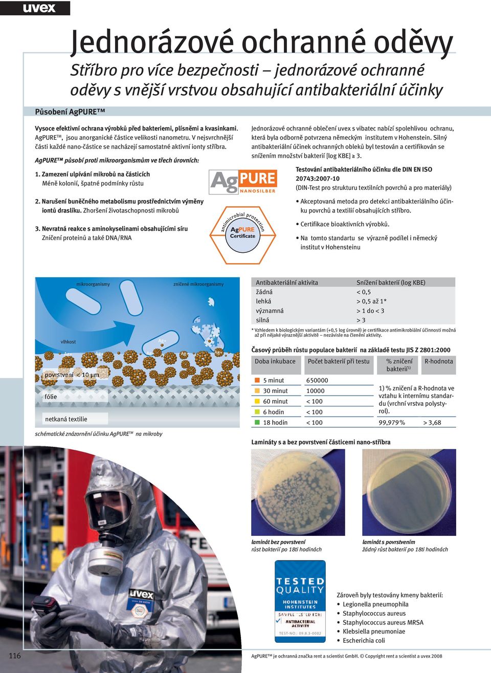 AgPURE působí proti mikroorganismům ve třech úrovních: Jednorázové ochranné oblečení uvex s vibatec nabízí spolehlivou ochranu, která byla odborně potvrzena německým institutem v Hohenstein.