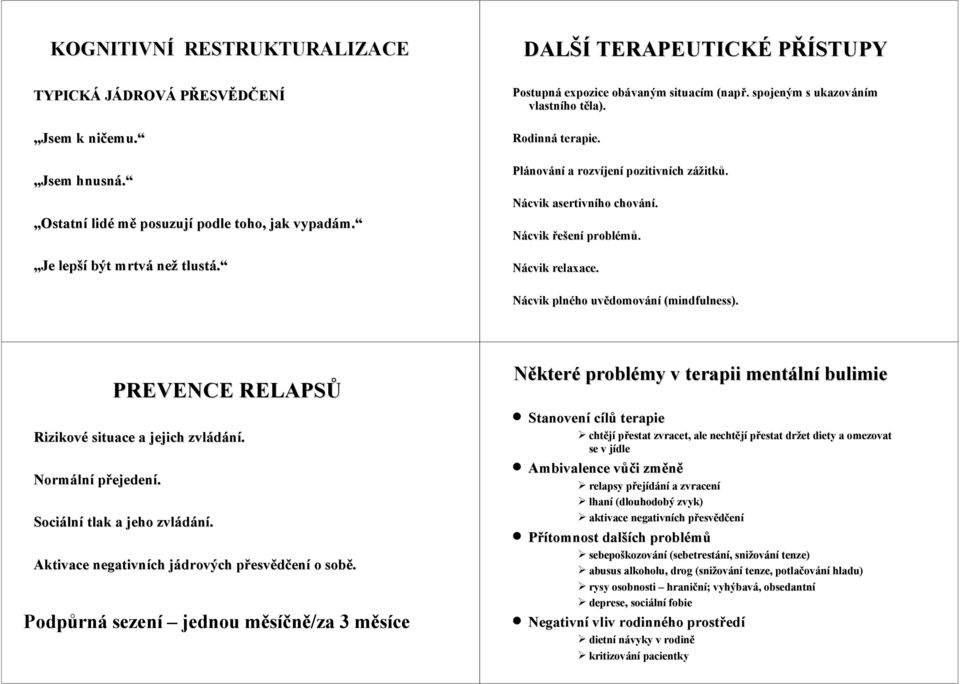 Nácvik řešení problémů. Nácvik relaxace. Nácvik plného uvědomování (mindfulness). PREVENCE RELAPSŮ Rizikové situace a jejich zvládání. Normální přejedení. Sociální tlak a jeho zvládání.