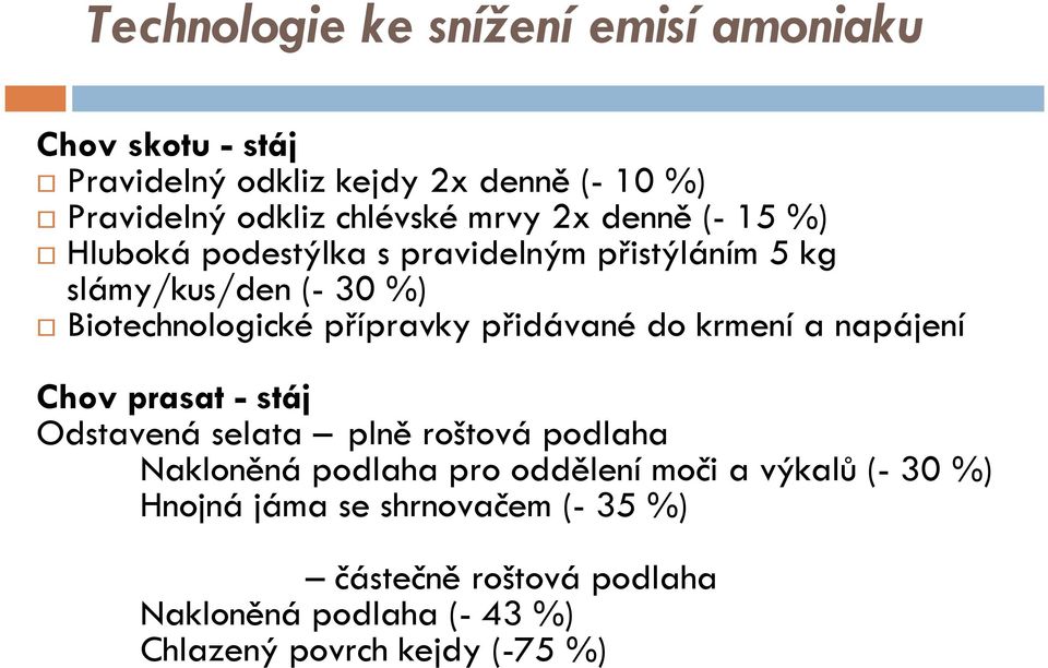 přípravky přidávané do krmení a napájení Chov prasat - stáj Odstavená selata plně roštová podlaha Nakloněnápodlaha pro