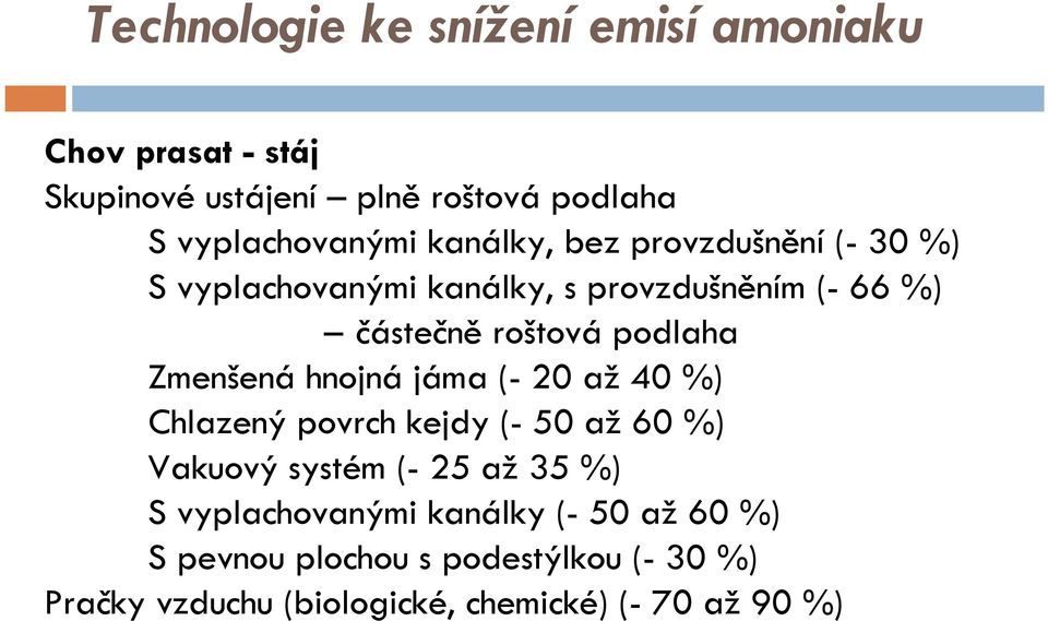 roštová podlaha Zmenšenáhnojnájáma (-20 až40 %) Chlazený povrch kejdy (-50 až60 %) Vakuový systém (-25 až35 %)