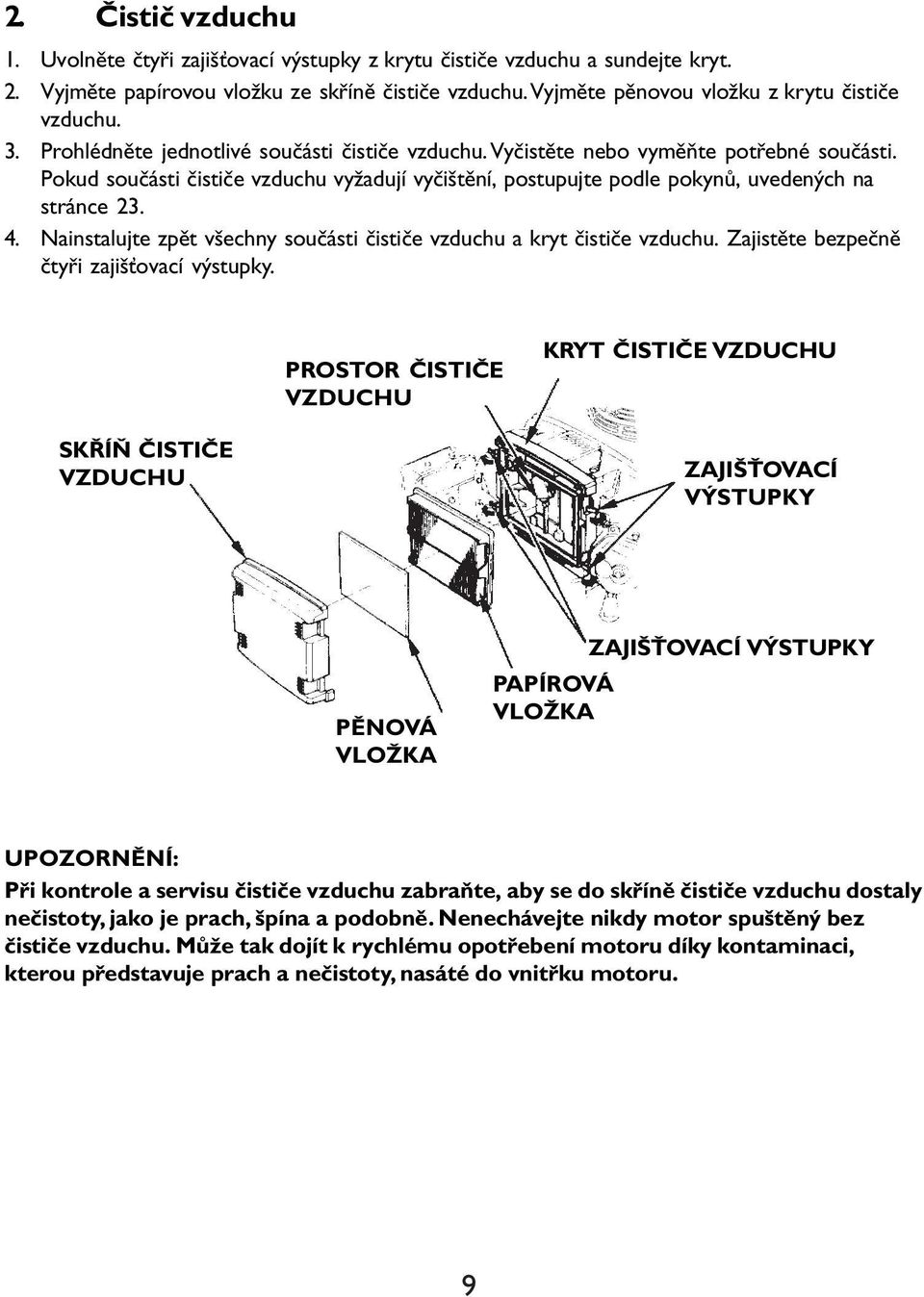 Nainstalujte zpět všechny součásti čističe vzduchu a kryt čističe vzduchu. Zajistěte bezpečně čtyři zajišťovací výstupky.