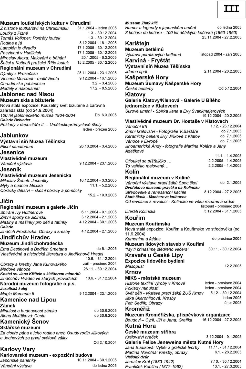 11.2004-23.1.2005 Vincenc Morstadt - malíř života 9.12.2004-16.1.2005 Chrudimské pohlednice 3.2. - 3.4.2005 Modely k nakousnutí 17.2. - 8.5.2005 Jablonec nad Nisou Muzeum skla a bižuterie Nová stálá expozice: Kouzelný svět bižuterie a čarovná zahrada skla (od 24.