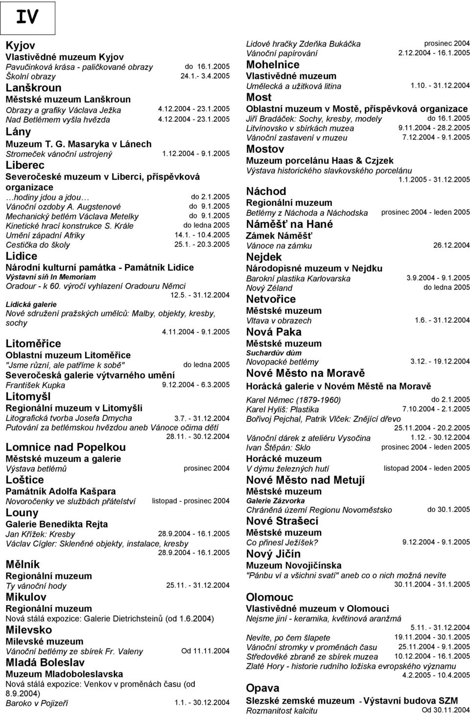 Augstenové do 9.1.2005 Mechanický betlém Václava Metelky do 9.1.2005 Kinetické hrací konstrukce S. Krále do ledna 2005 Umění západní Afriky 14.1. - 10.4.2005 Cestička do školy 25.1. - 20.3.