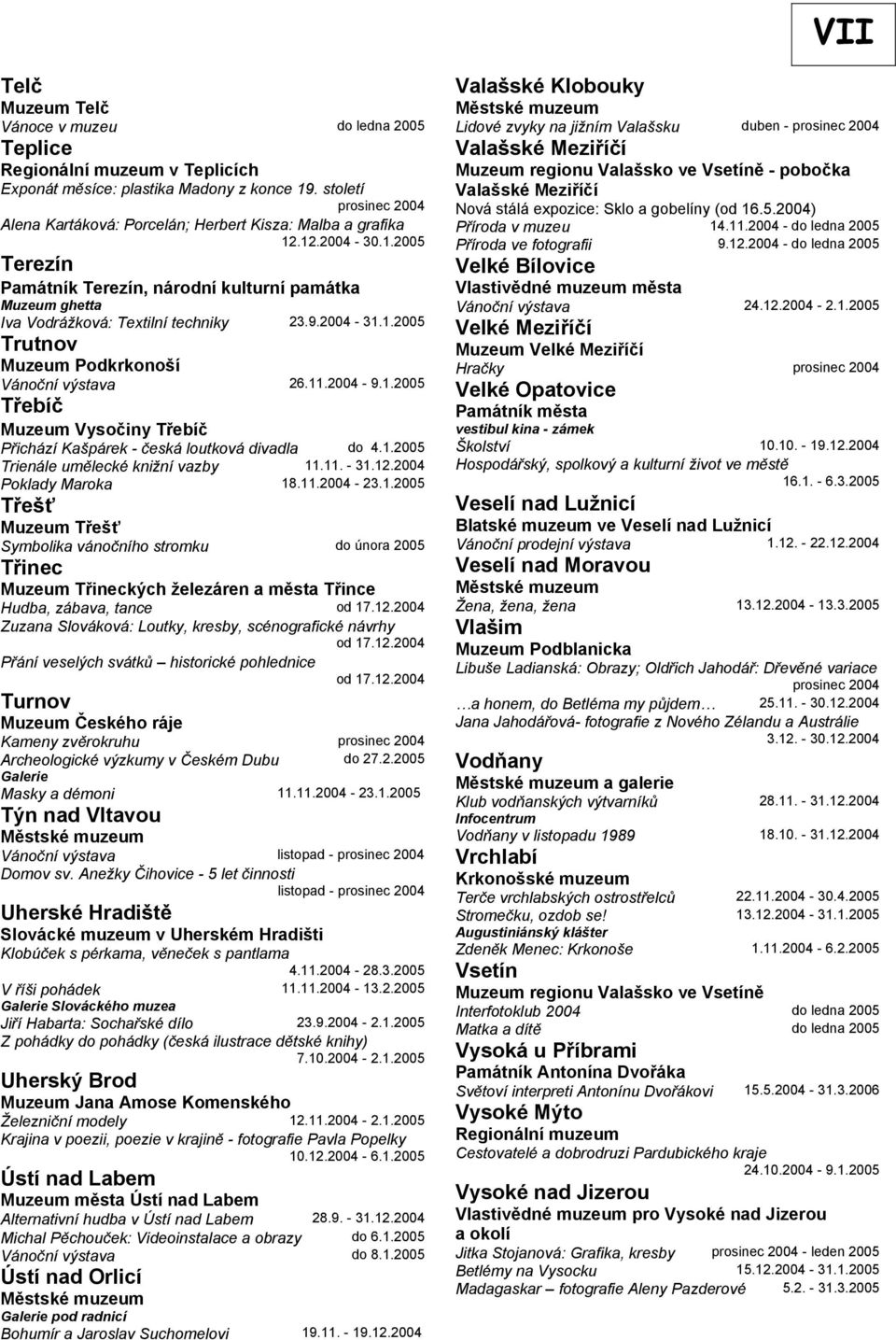 9.2004-31.1.2005 Trutnov Muzeum Podkrkonoší Vánoční výstava 26.11.2004-9.1.2005 Třebíč Muzeum Vysočiny Třebíč Přichází Kašpárek - česká loutková divadla do 4.1.2005 Trienále umělecké knižní vazby 11.