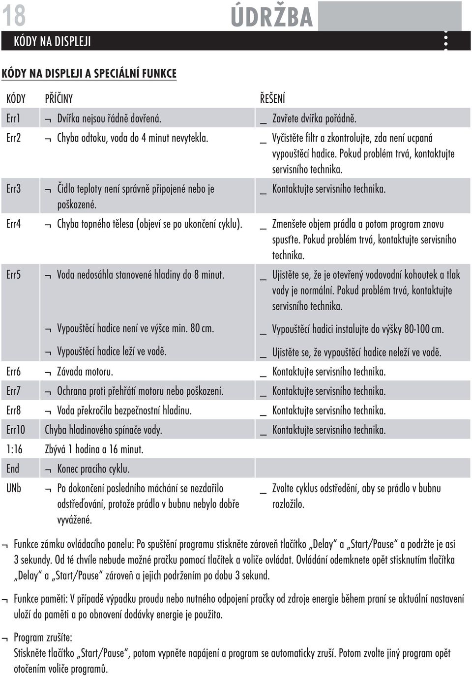 Err3 Čidlo teploty není správně připojené nebo je _ Kontaktujte servisního technika. poškozené. Err4 Chyba topného tělesa (objeví se po ukončení cyklu).