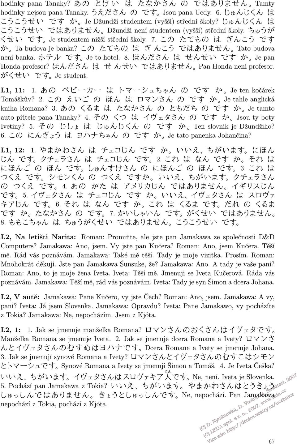 Sn _f n o N SF gobš~[ Tato budova není banka. ÛÆë gy Je to hotel. 8. { `U o [ [D gy K Je pan Honda profesor? { `U o [ [D gobš~[ Pan Honda není profesor. LO[D gy Je student. L1, 11: 1.