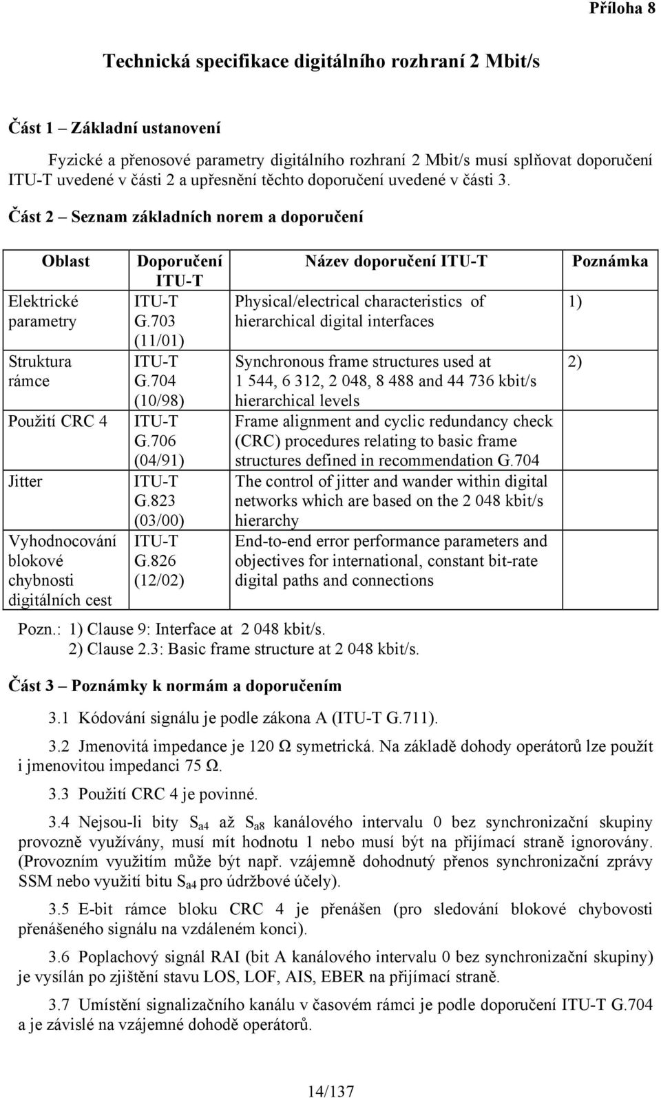 Část 2 Seznam základních norem a doporučení Oblast Elektrické parametry Struktura rámce Použití CRC 4 Jitter Vyhodnocování blokové chybnosti digitálních cest Doporučení ITU-T ITU-T G.