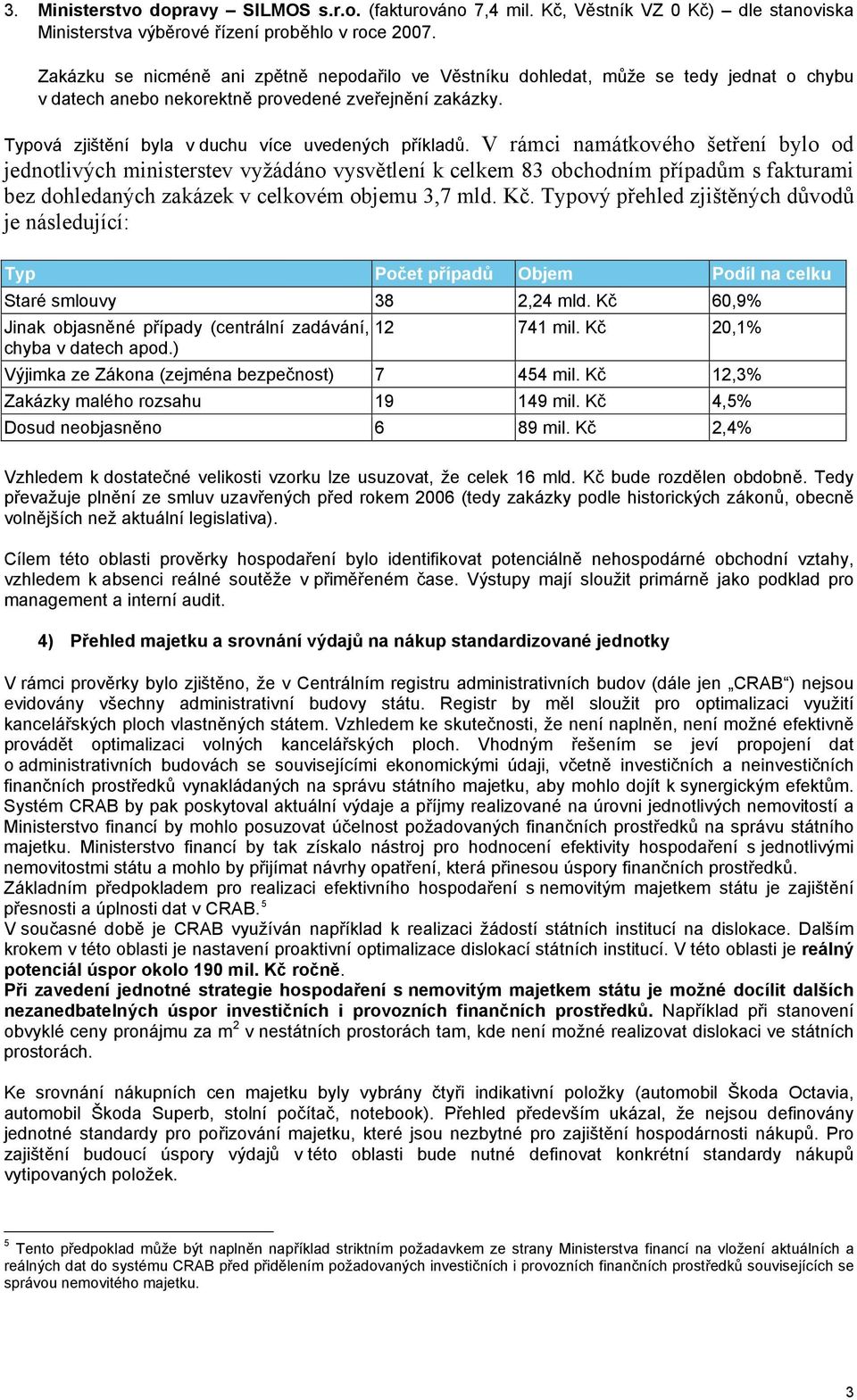 V rámci namátkového šetření bylo od jednotlivých ministerstev vyžádáno vysvětlení k celkem 83 obchodním případům s fakturami bez dohledaných zakázek v celkovém objemu 3,7 mld. Kč.