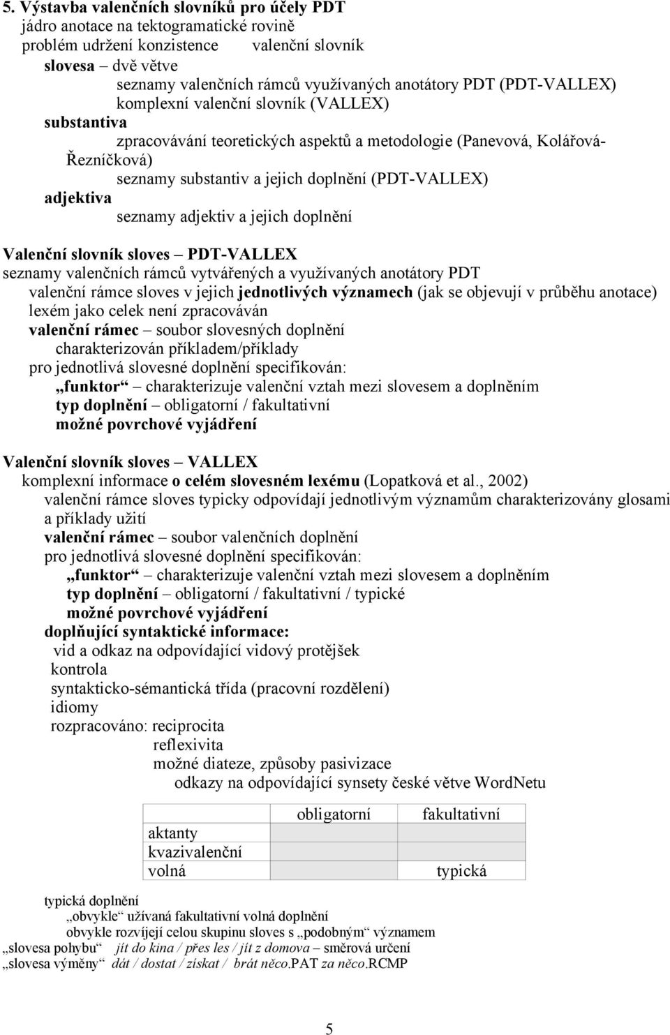 adjektiva seznamy adjektiv a jejich doplnění Valenční slovník sloves PDT-VALLEX seznamy valenčních rámců vytvářených a využívaných anotátory PDT valenční rámce sloves v jejich jednotlivých významech