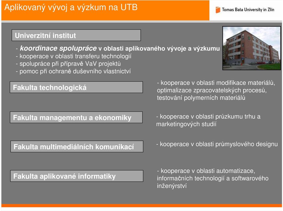 zpracovatelských procesů, testování polymerních materiálů Fakulta managementu a ekonomiky - kooperace v oblasti průzkumu trhu a marketingových studií Fakulta