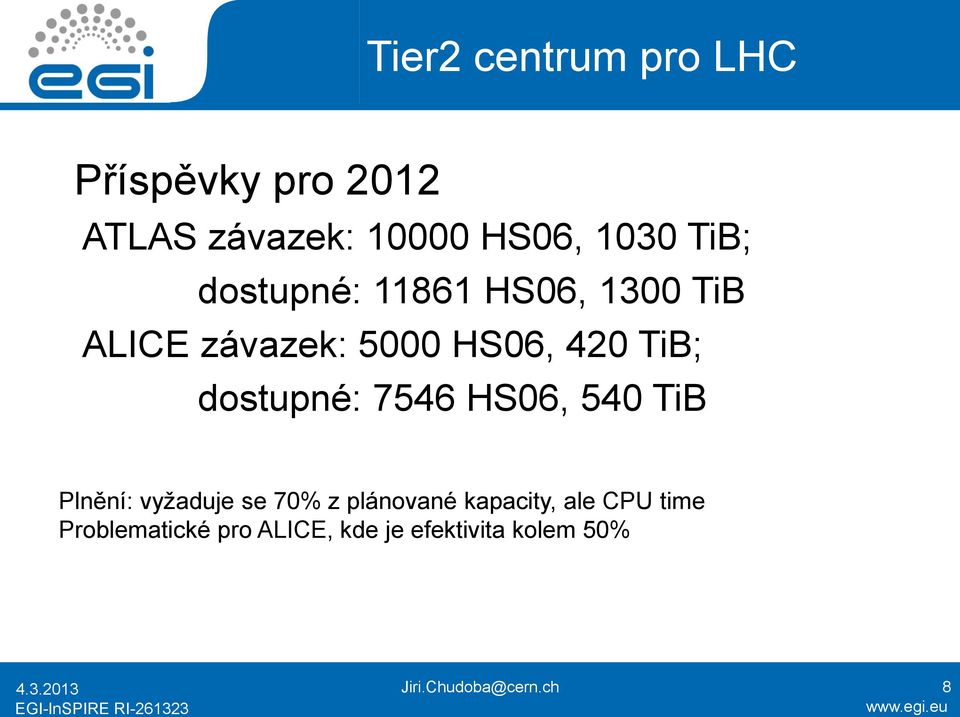 7546 HS06, 540 TiB Plnění: vyžaduje se 70% z plánované kapacity, ale CPU time