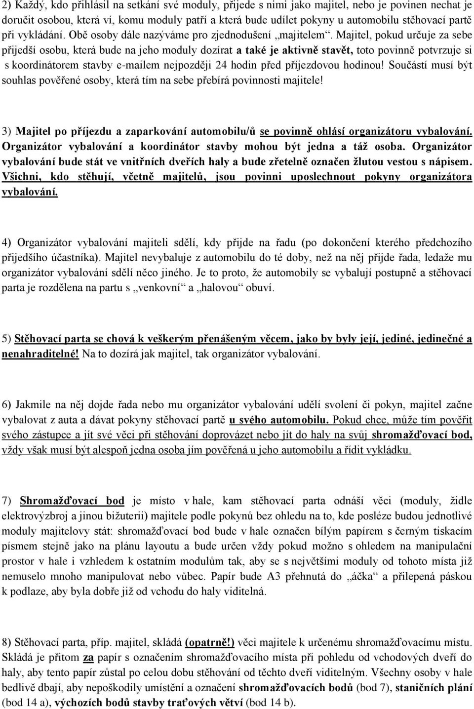 Majitel, pokud určuje za sebe přijedší osobu, která bude na jeho moduly dozírat a také je aktivně stavět, toto povinně potvrzuje si s koordinátorem stavby e-mailem nejpozději 24 hodin před