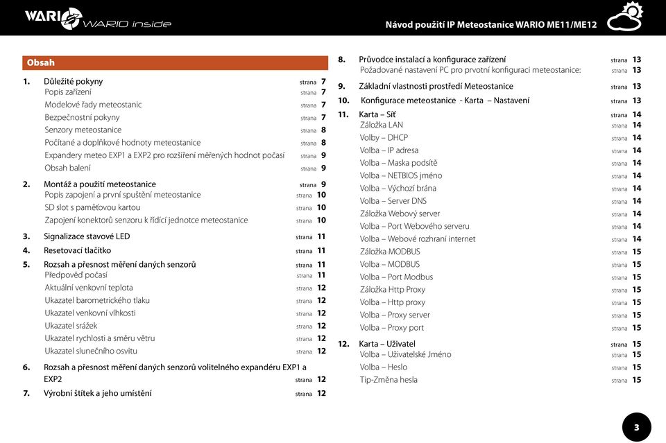 Expandery meteo EXP1 a EXP2 pro rozšíření měřených hodnot počasí strana 9 Obsah balení strana 9 2.