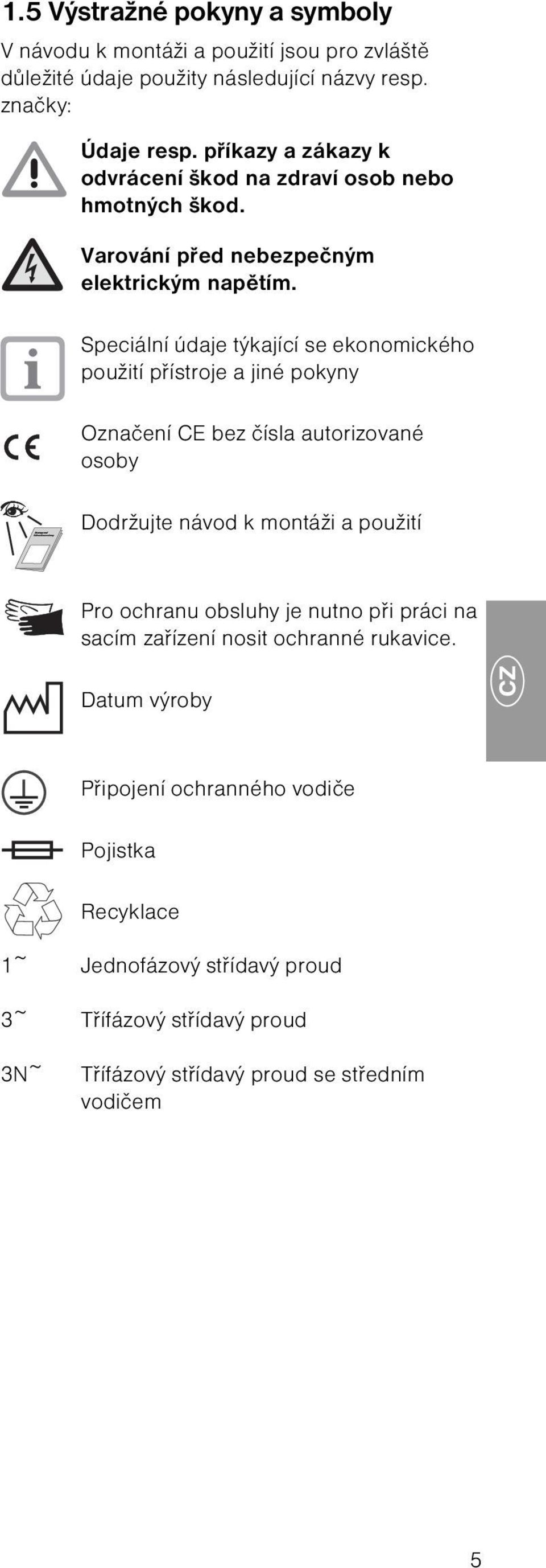 Speciální údaje týkající se ekonomického použití přístroje a jiné pokyny Označení CE bez čísla autorizované osoby Dodržujte návod k montáži a použití Pro ochranu