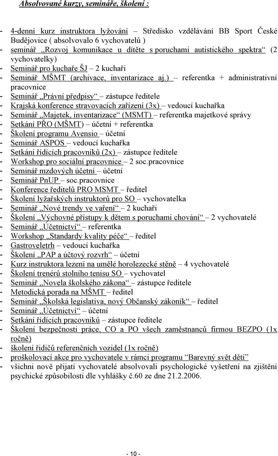 ) referentka + administrativní pracovnice - Seminář Právní předpisy zástupce ředitele - Krajská konference stravovacích zařízení (3x) vedoucí kuchařka - Seminář Majetek, inventarizace (MSMT)