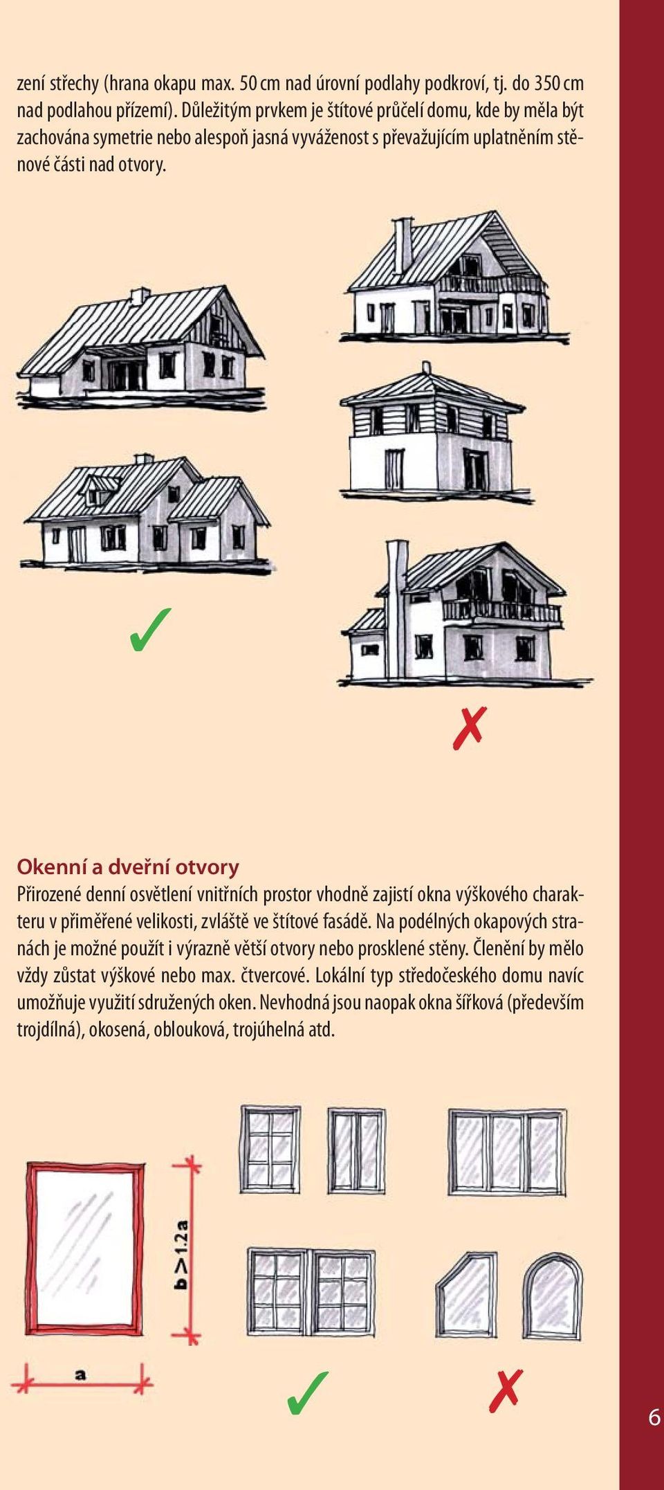 Okenní a dveřní otvory Přirozené denní osvětlení vnitřních prostor vhodně zajistí okna výškového charakteru v přiměřené velikosti, zvláště ve štítové fasádě.