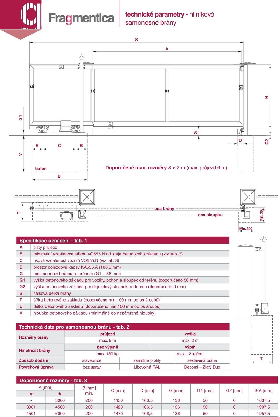 A (106,5 mm) G mezera mezi bránou a terénem (G1 + 86 mm) G1 výška betonového základu pro vozíky, pohon a sloupek od terénu (doporučeno 50 mm) G2 výška betonového základu pro dojezdový sloupek od