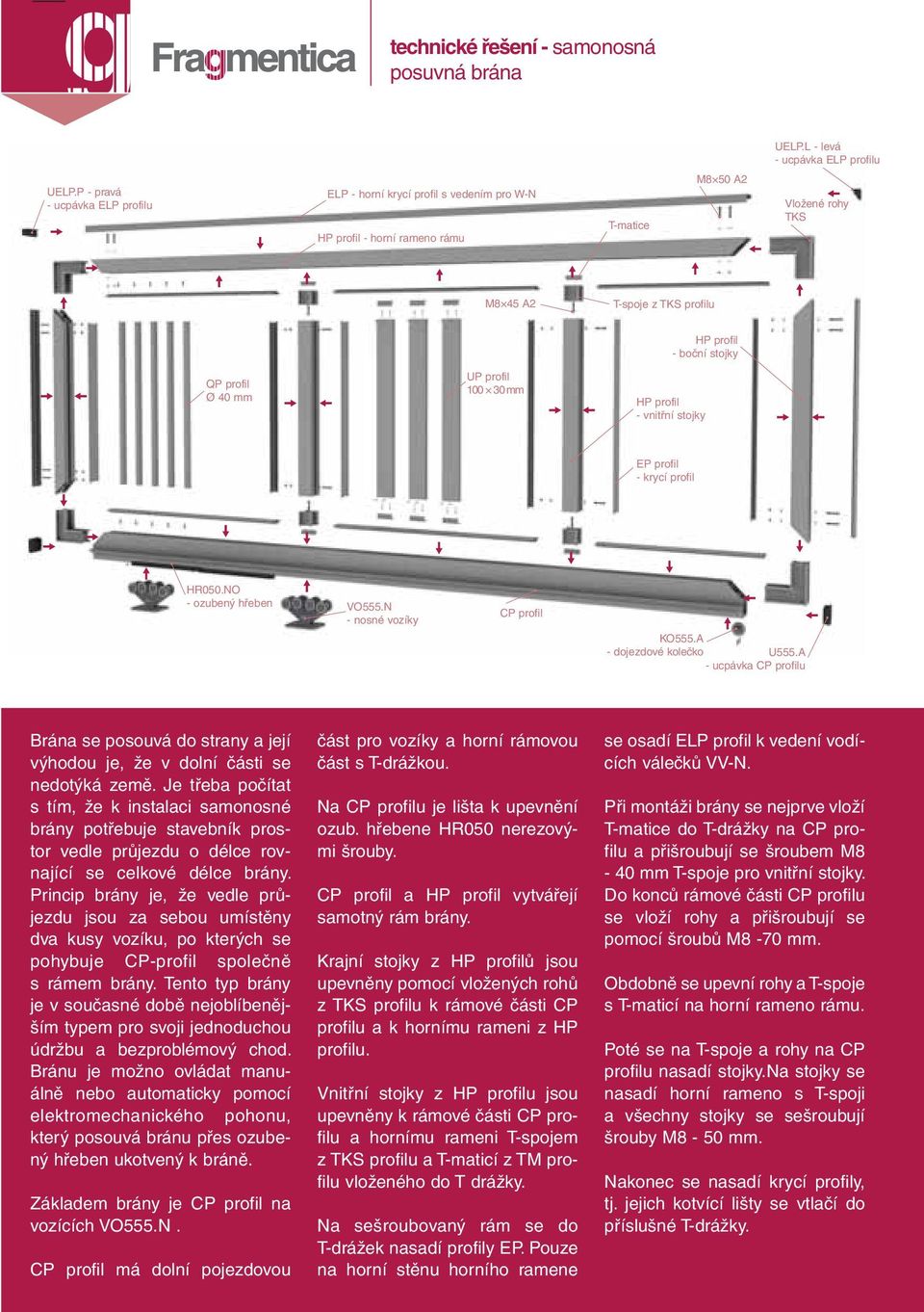 - boční stojky - vnitřní stojky EP profil - krycí profil HR050.NO - ozubený hřeben VO555.N - nosné vozíky CP profil KO555.A - dojezdové kolečko U555.