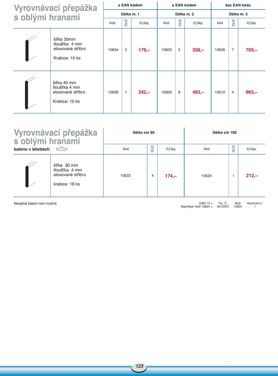 stfiíbro 10608 1 242, 10609 8 483, 10610 4 965, Krabice: 10 ks Vyrovnávací pfiepáïka s obl mi hranami baleno v blistrech Délka cm 80 Délka