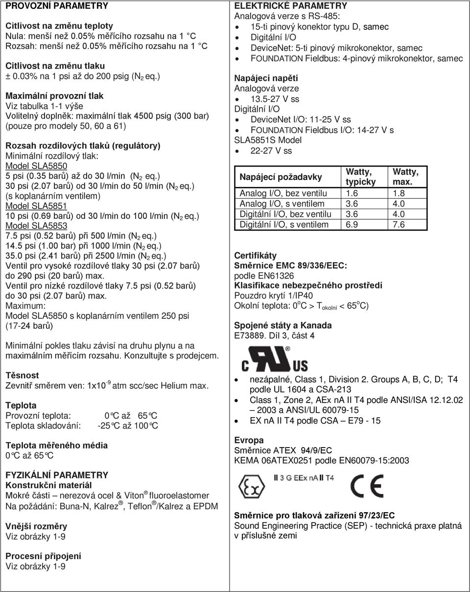 ) Maximální provozní tlak Viz tabulka 1-1 výše Volitelný doplněk: maximální tlak 4500 psig (300 bar) (pouze pro modely 50, 60 a 61) Rozsah rozdílových tlaků (regulátory) Minimální rozdílový tlak: