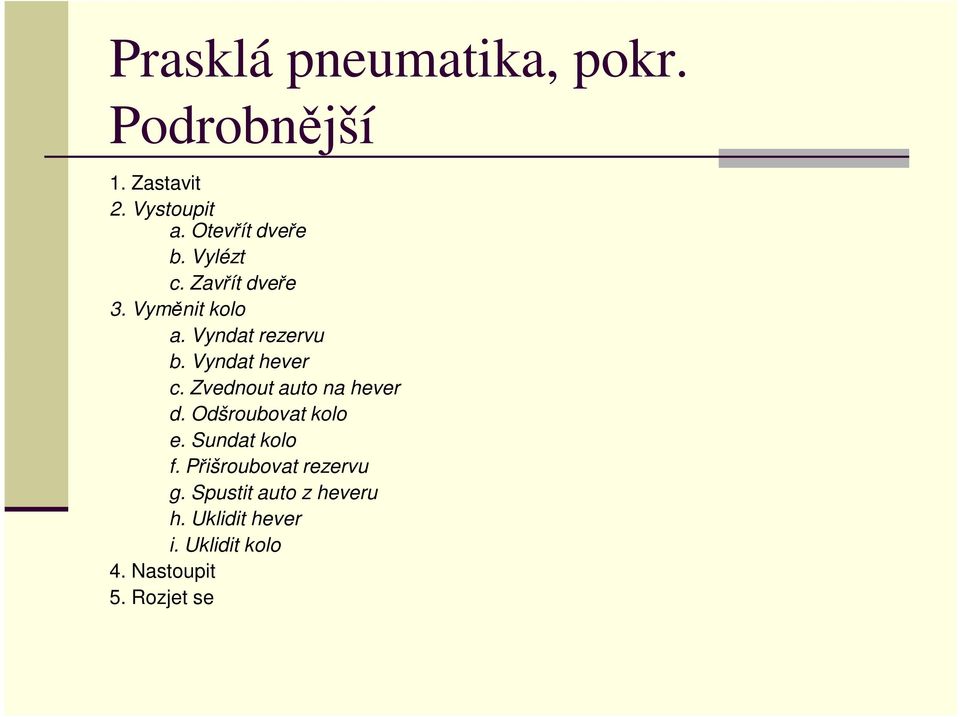 Vyndat hever c. Zvednout auto na hever d. Odšroubovat kolo e. Sundat kolo f.