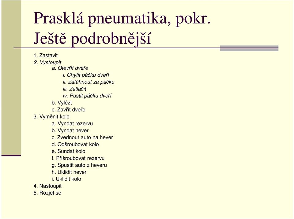 Zavřít dveře 3. Vyměnit kolo a. Vyndat rezervu b. Vyndat hever c. Zvednout auto na hever d.