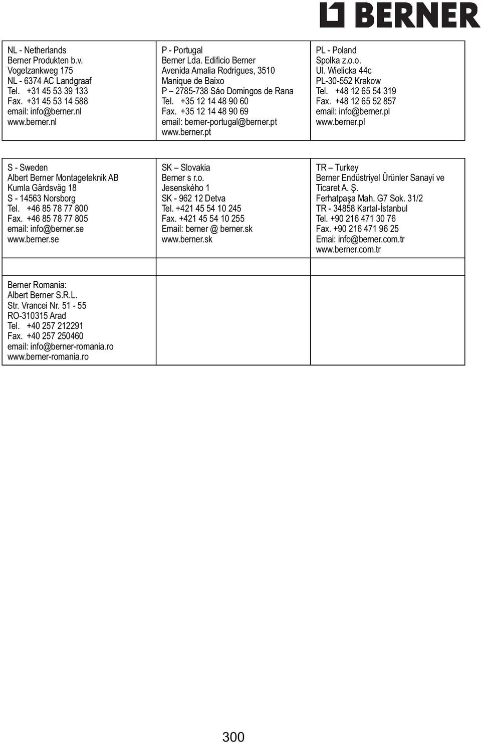 o.o. Ul. Wielicka 44c PL-30-552 Krakow Tel. +48 12 65 54 319 Fax. +48 12 65 52 857 email: info@berner.pl www.berner.pl S - Sweden Albert Berner Montageteknik AB Kumla Gärdsväg 18 S - 14563 Norsborg Tel.