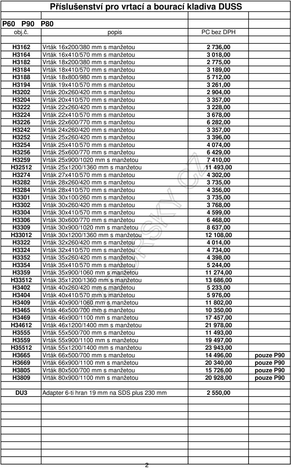 20x410/570 mm s manžetou 3 357,00 H3222 Vrták 22x260/420 mm s manžetou 3 228,00 H3224 Vrták 22x410/570 mm s manžetou 3 678,00 H3226 Vrták 22x600/770 mm s manžetou 6 282,00 H3242 Vrták 24x260/420 mm s