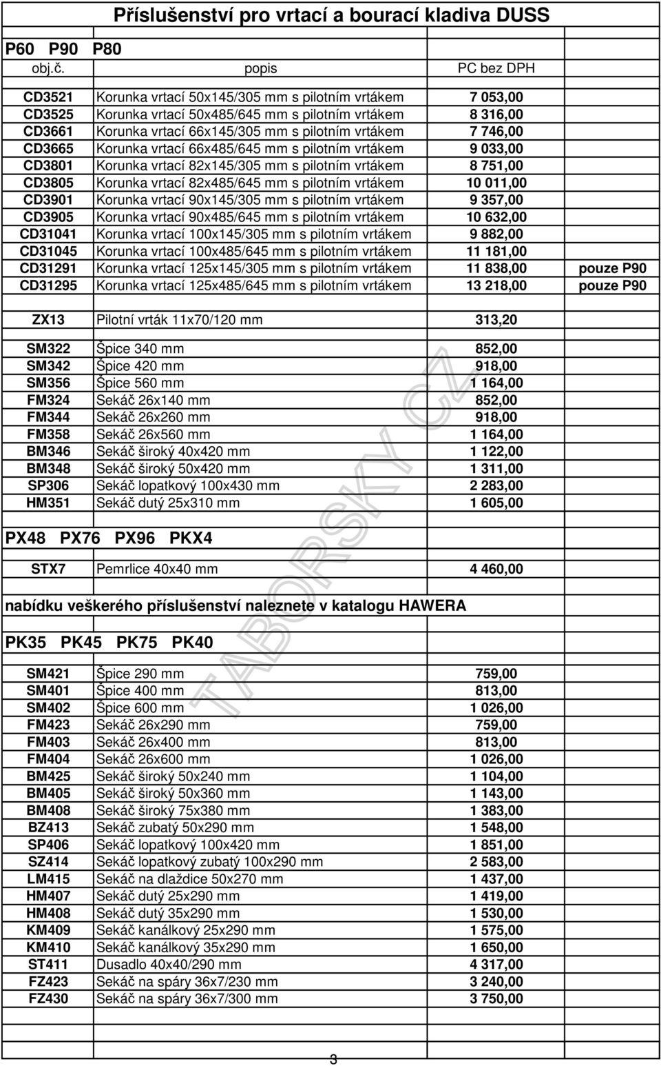 CD3901 Korunka vrtací 90x145/305 mm s pilotním vrtákem 9 357,00 CD3905 Korunka vrtací 90x485/645 mm s pilotním vrtákem 10 632,00 CD31041 Korunka vrtací 100x145/305 mm s pilotním vrtákem 9 882,00