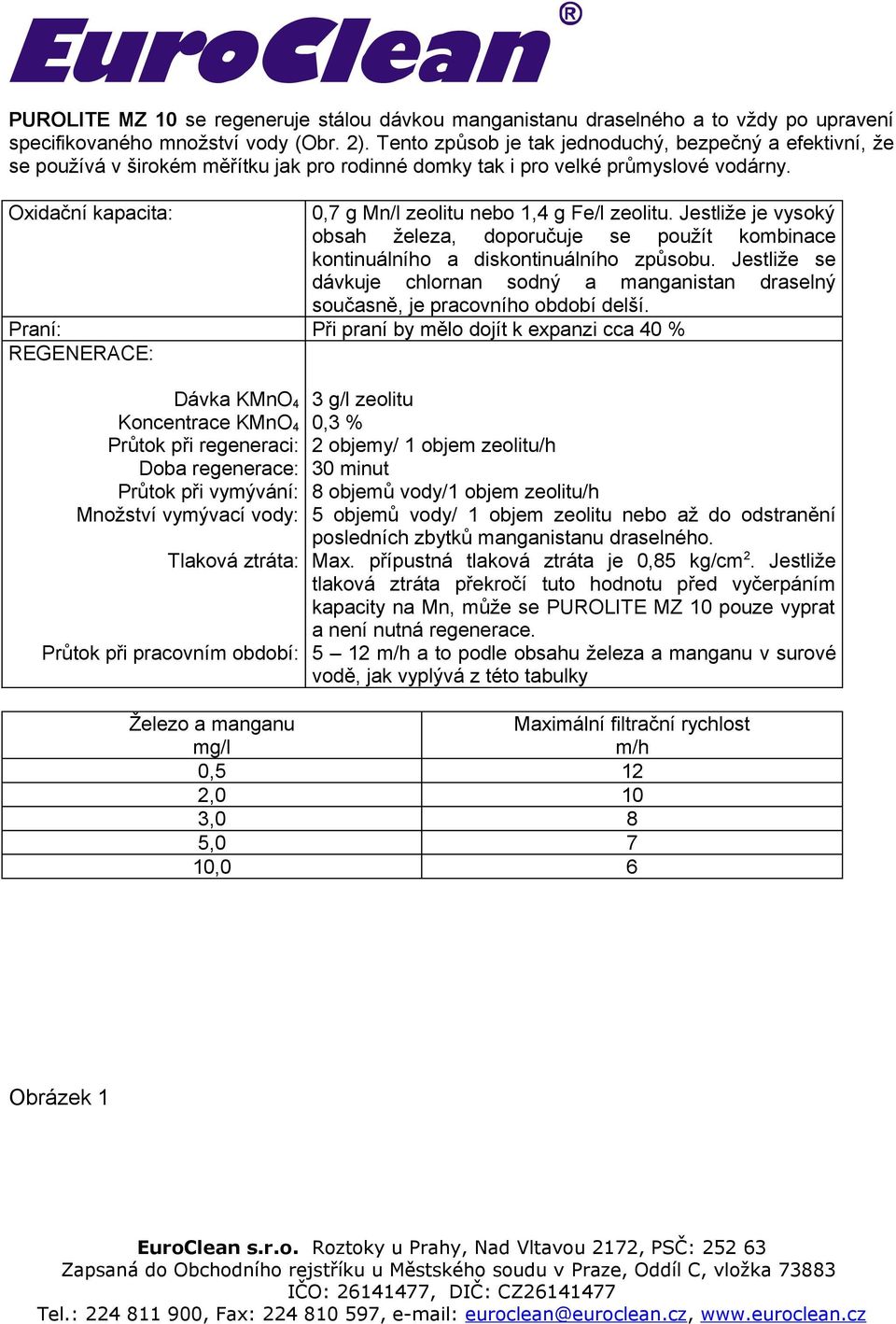 Oxidační kapacita: 0,7 g Mn/l zeolitu nebo 1,4 g Fe/l zeolitu. Jestliže je vysoký obsah železa, doporučuje se použít kombinace kontinuálního a diskontinuálního způsobu.