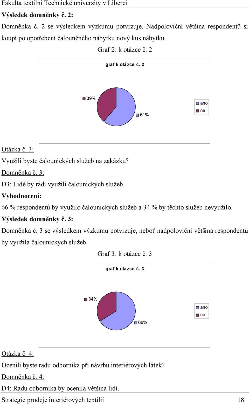 Vyhodnocení: 66 % respondentů by využilo čalounických služeb a 34 % by těchto služeb nevyužilo. Výsledek domněnky č. 3: Domněnka č.