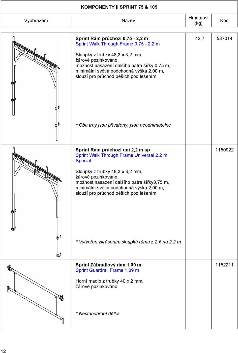 2 m 42,7 587014 587014 Sloupky z trubky 48,3 x 3,2 mm,, možnost nasazení dalšího patra šířky 0,75 m, minimální světlá podchodná výška 2,00 m, slouží pro průchod pěších pod lešením * Oba