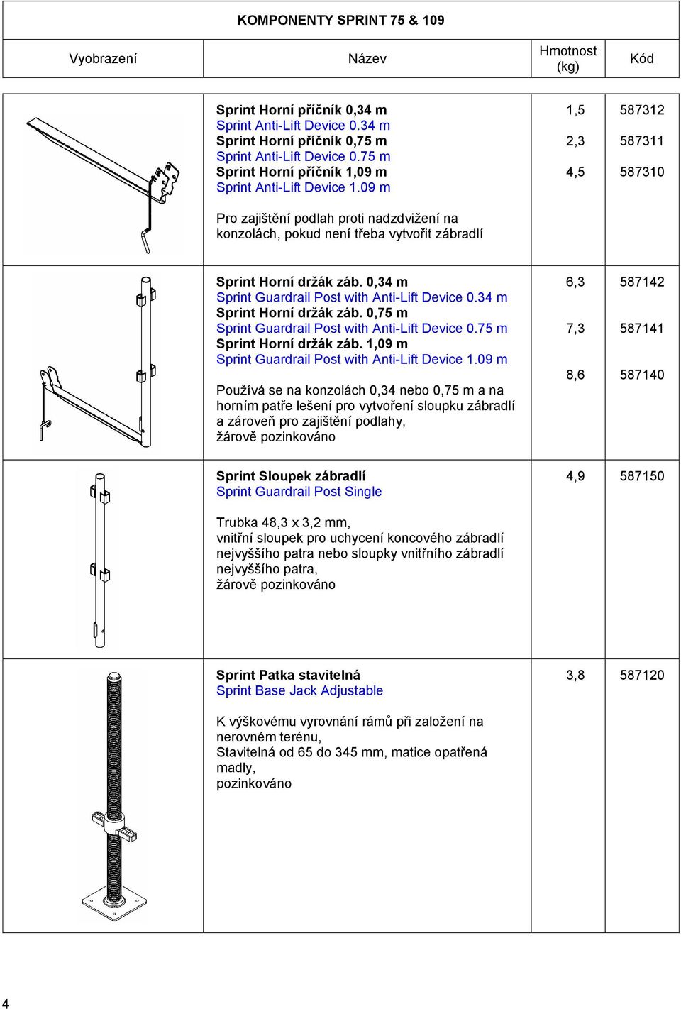 0,34 m Sprint Guardrail Post with Anti-Lift Device 0.34 m Sprint Horní držák záb. 0,75 m Sprint Guardrail Post with Anti-Lift Device 0.75 m Sprint Horní držák záb.