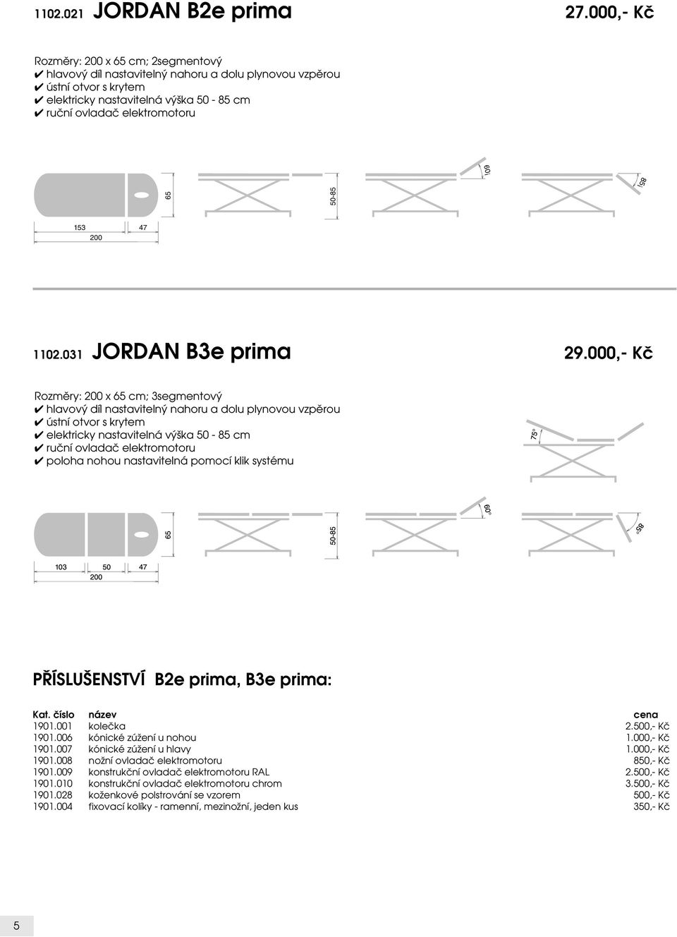 000,- Kč Rozměry: 200 x 65 cm; 3segmentový elektricky nastavitelná výška 50-85 cm poloha nohou nastavitelná pomocí klik systému PŘÍSLUŠENSTVÍ B2e prima, B3e