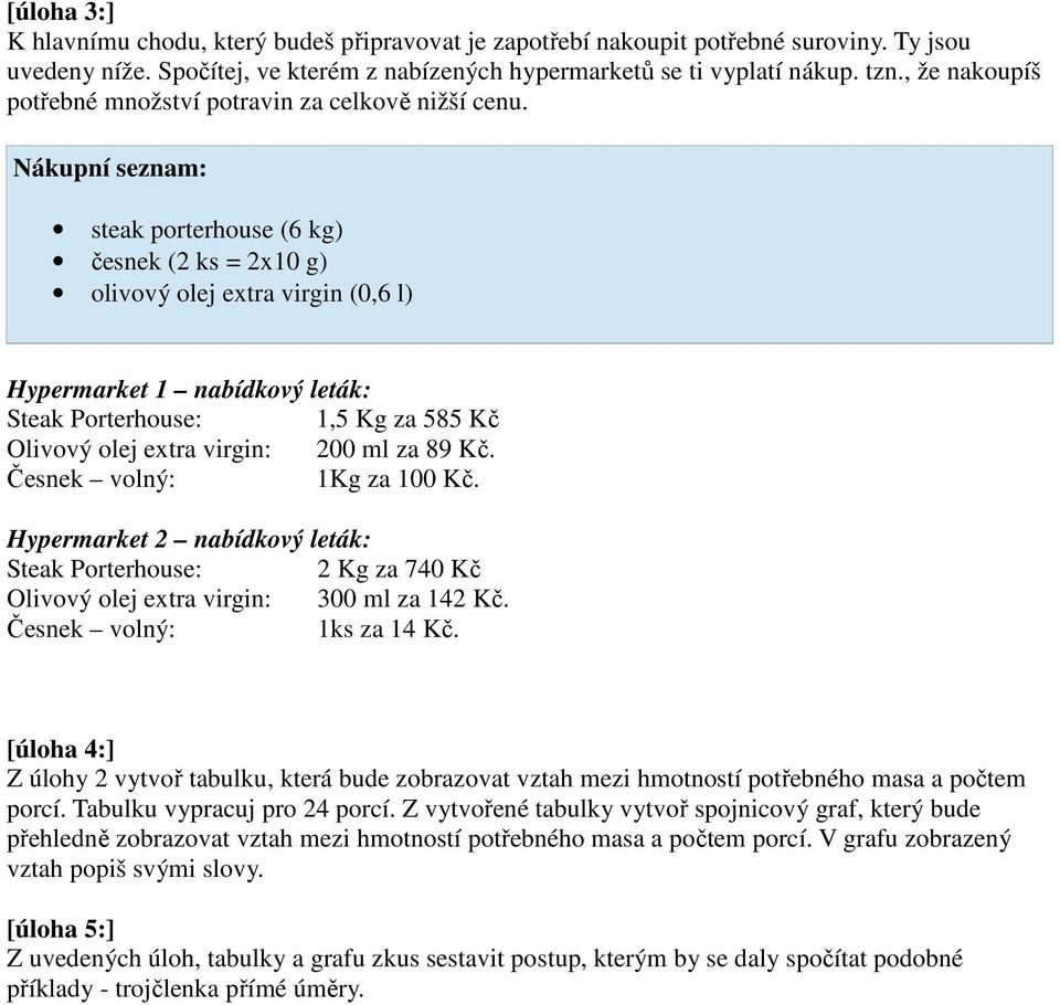 Nákupní seznam: steak porterhouse (6 kg) česnek (2 ks = 2x10 g) olivový olej extra virgin (0,6 l) Hypermarket 1 nabídkový leták: Steak Porterhouse: 1,5 Kg za 585 Kč Olivový olej extra virgin: 200 ml